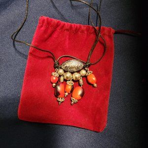 VERY INTERESTING PERUVIAN SILVER AND HUAYRURO SEED NECKLACE